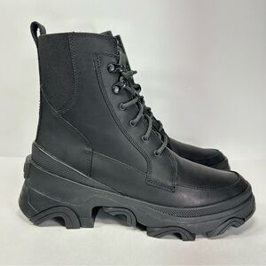 Sorel Brex Lace Combat Boots Waterproof Women's Size 8.5 Triple Black Leather VG